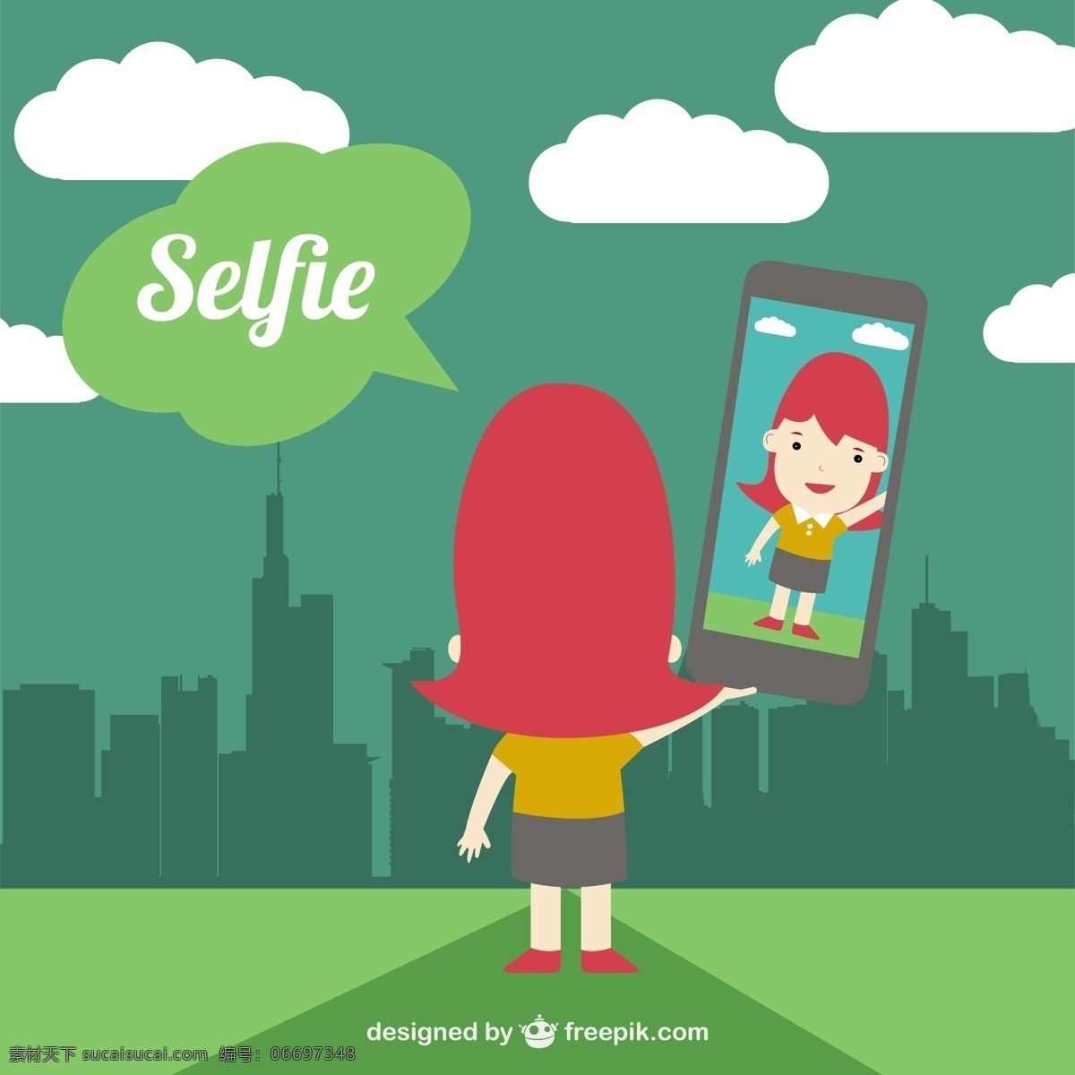 城市旅游 采取 selfie 相机 手机 自然 模板 卡通 景观 平 性格 电话 可爱的人 智能手机 平板的设计 有趣 的卡 通 人物 插画 自拍 绿色