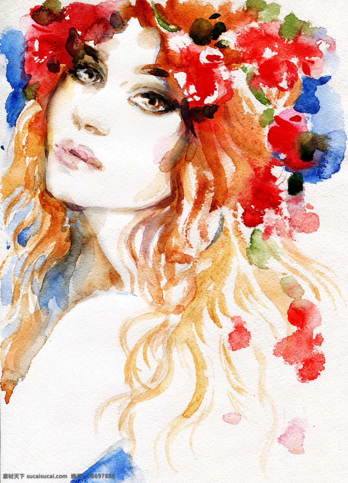 满头 花朵 女人 水彩画 满头花朵 绘画 美女图片 人物图片
