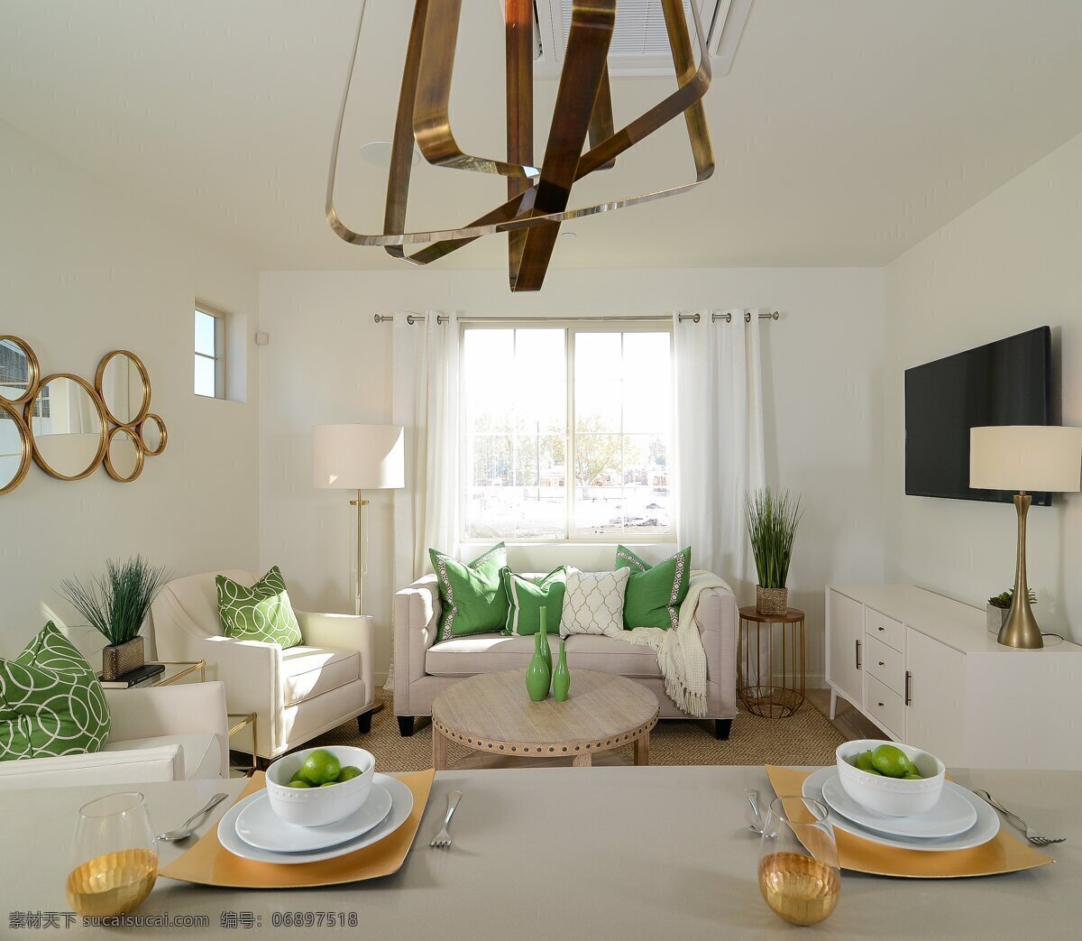 现代 文艺 时尚 客厅 米色 餐桌 室内装修 效果图 白色电视柜 白色沙发 客厅装修 浅色背景墙