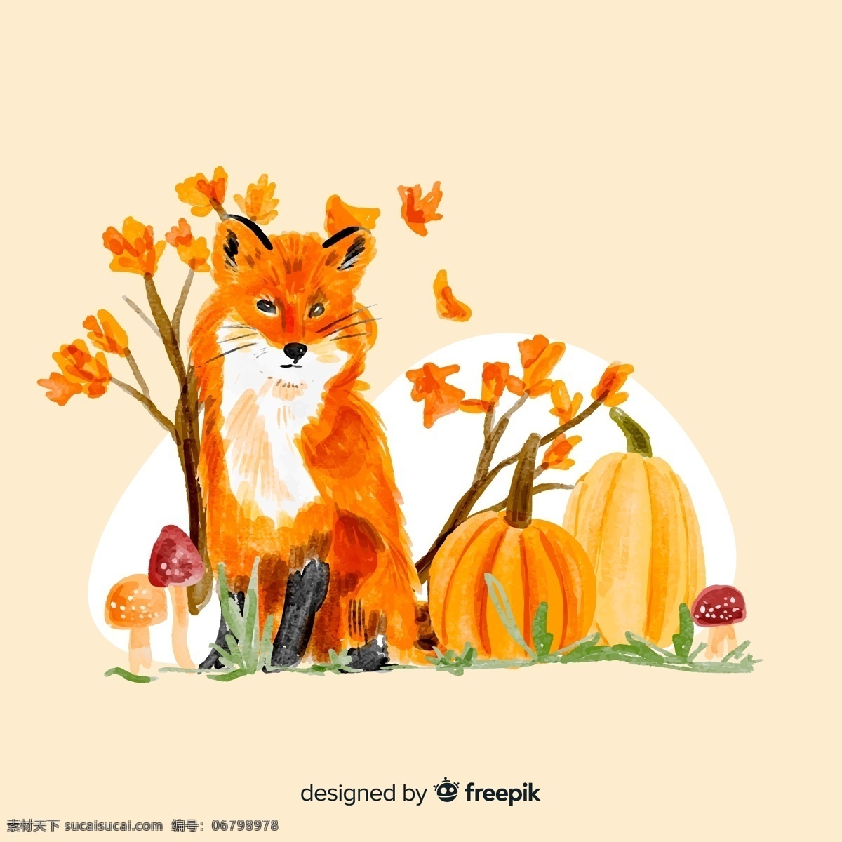 水彩绘秋季 狐狸和南瓜 矢量素材 落叶 水彩 秋季 狐狸 南瓜 树木 树叶 蘑菇 矢量图 ai格式