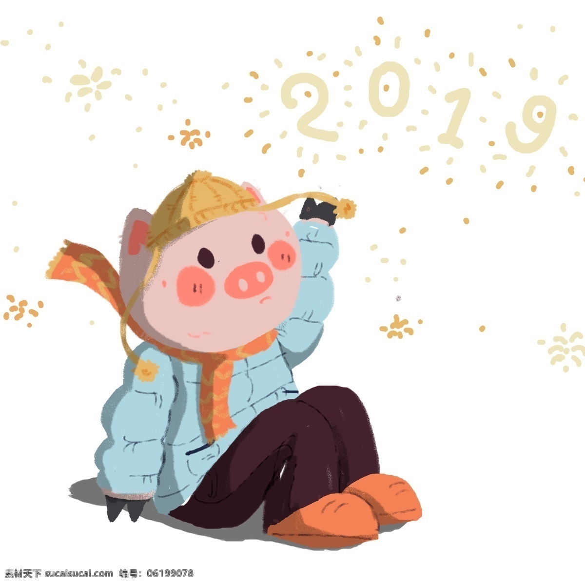2019 手绘 过年 小 猪 卡通 小猪 烟花 插画 猪猪 猪年元素