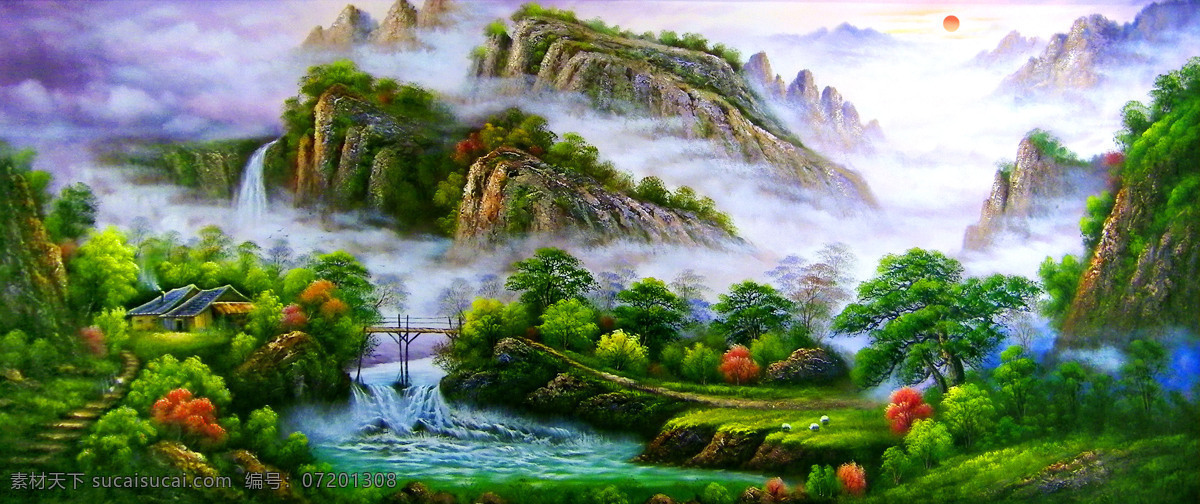 房屋 红日 花木 绘画书法 美术 瀑布 青山 山峰 春山烟雨 油画 山水画 山岭 溪流 树木 雨雾 油画艺术 油画作品39 文化艺术 家居装饰素材 山水风景画