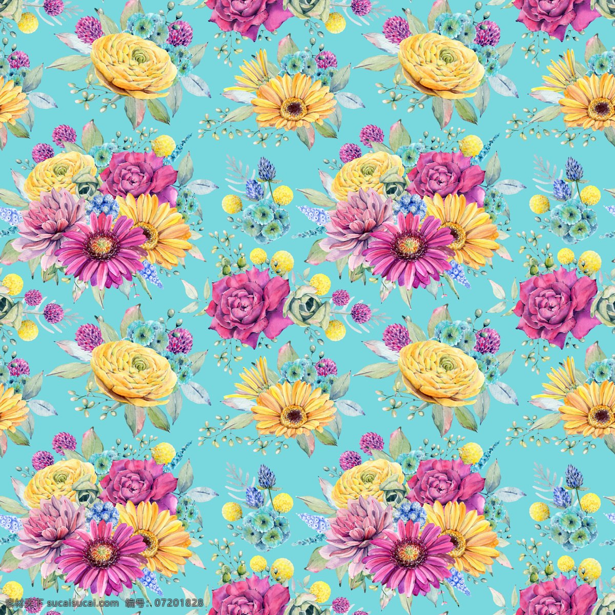 手绘 非洲菊 花卉 背景 图案 背景素材 薄荷绿 花毛莨 黄色 玫瑰花 平铺背景 水彩