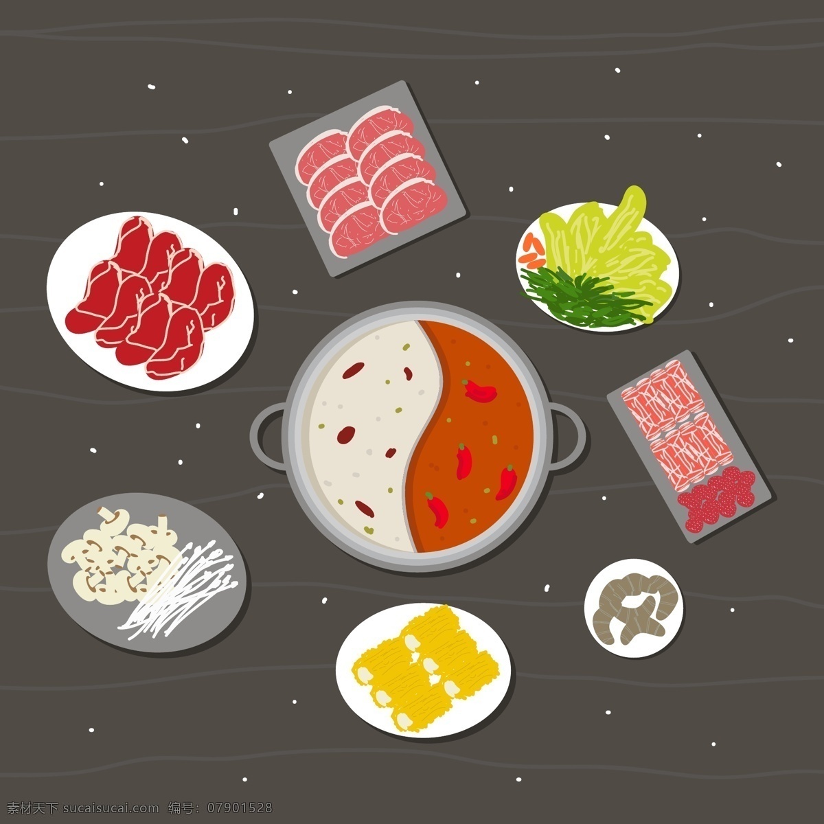矢量 鸳鸯 火锅 食物 美食 肉 矢量素材 手绘 手绘美食 手绘食物 手绘素材 鸳鸯火锅