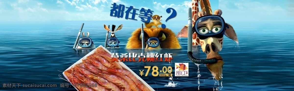 潜水等待 马达加斯加 长颈鹿 狮子 河马 斑马 淘宝 京东 网店 主页轮播广告 海报 大海 潜水 水滴 虾 京东网店 淘宝界面设计 广告 banner