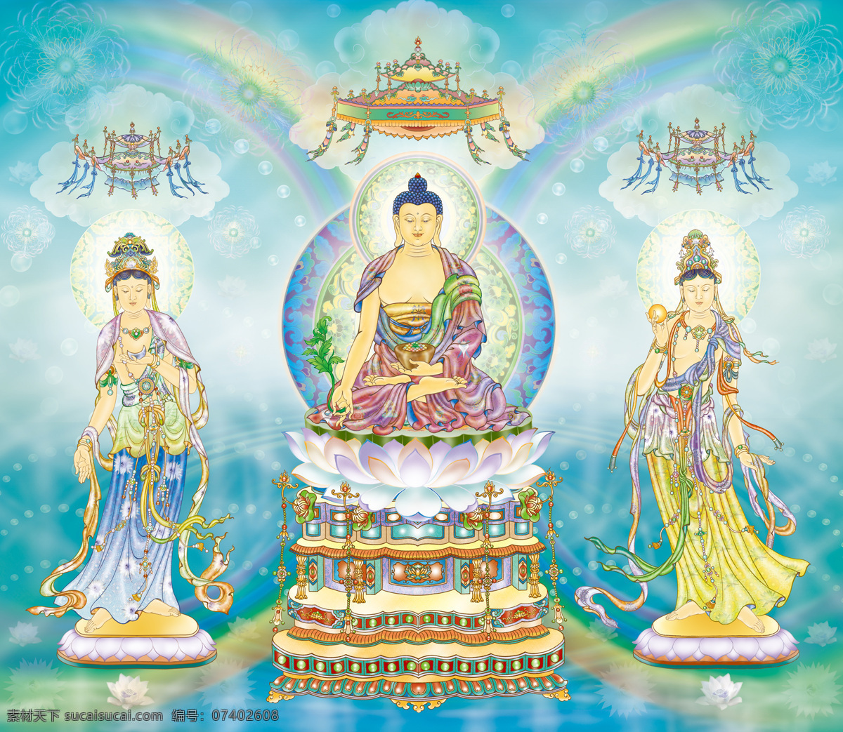 东方三圣 药师 琉璃 光 如来 月光 日光 药师佛 宗教信仰 文化艺术