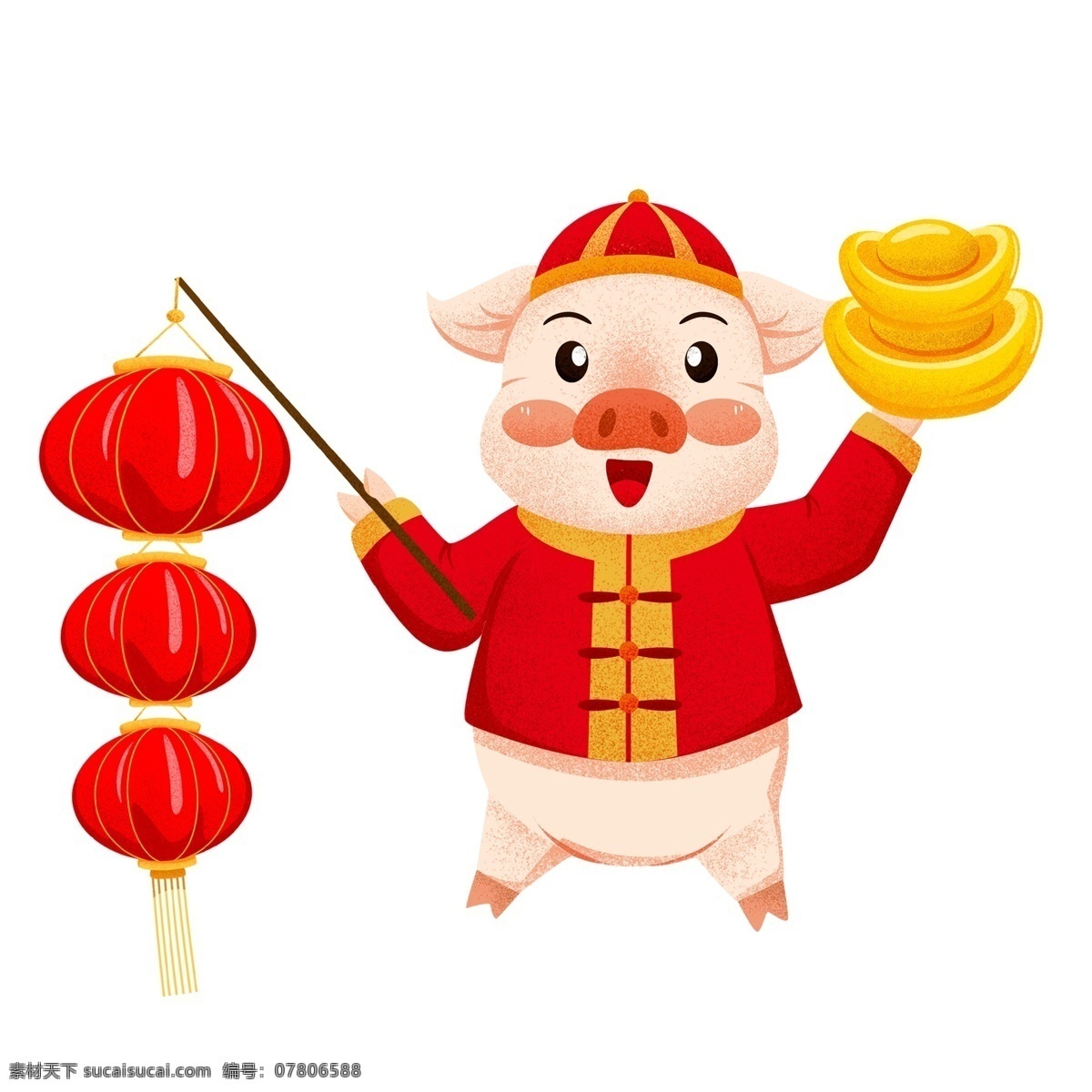 喜庆 提 红灯笼 金元宝 的卡 通 猪 卡通 灯笼 春节 插画 新年 猪年 2019年 过年 小猪形象 猪年形象 大年初二 财神猪 财神到