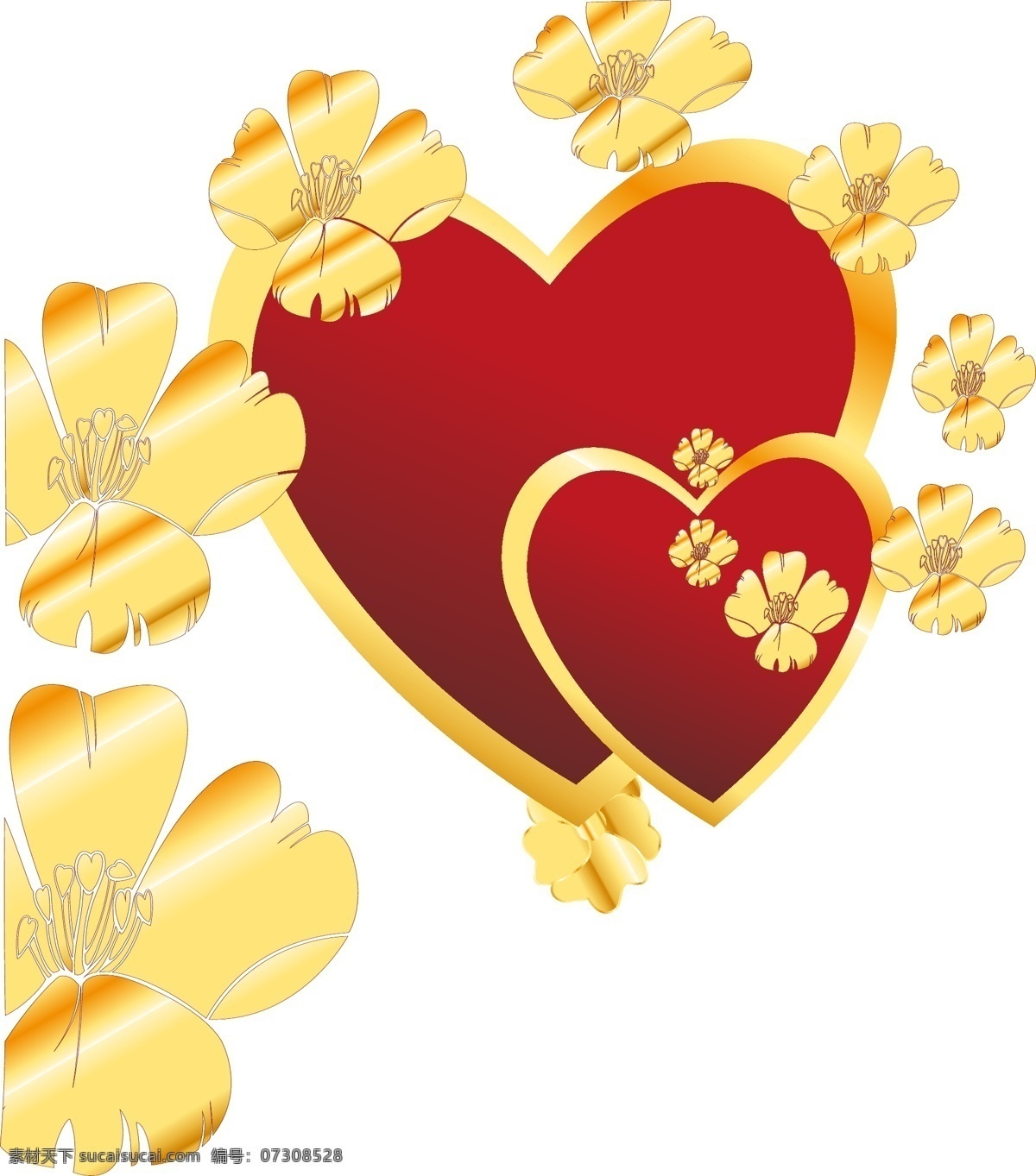 浪漫 红心 金边 元素 手绘 红色 渐变 心形 金色 花朵 质感