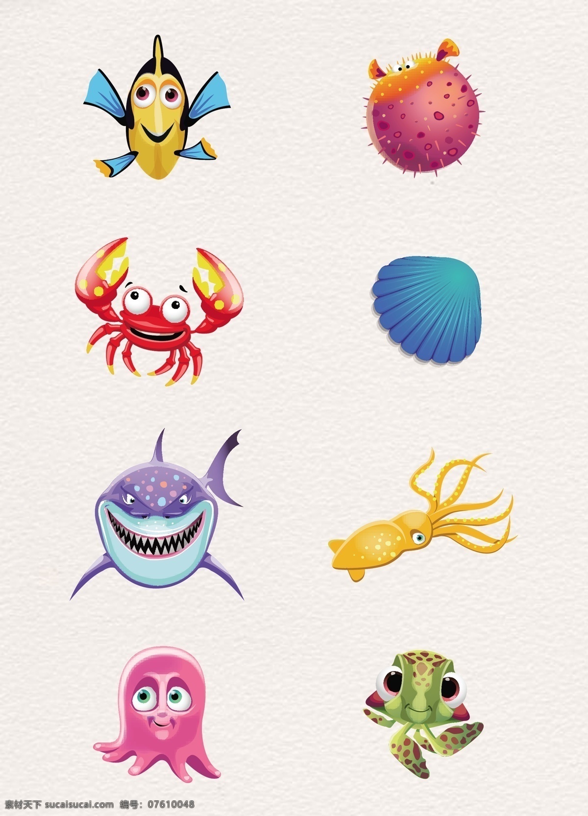 缤纷多彩 海洋生物 卡通 彩色 海洋 螃蟹 贝壳 矢量 生物 鱼 鱿鱼 章鱼 鲨鱼