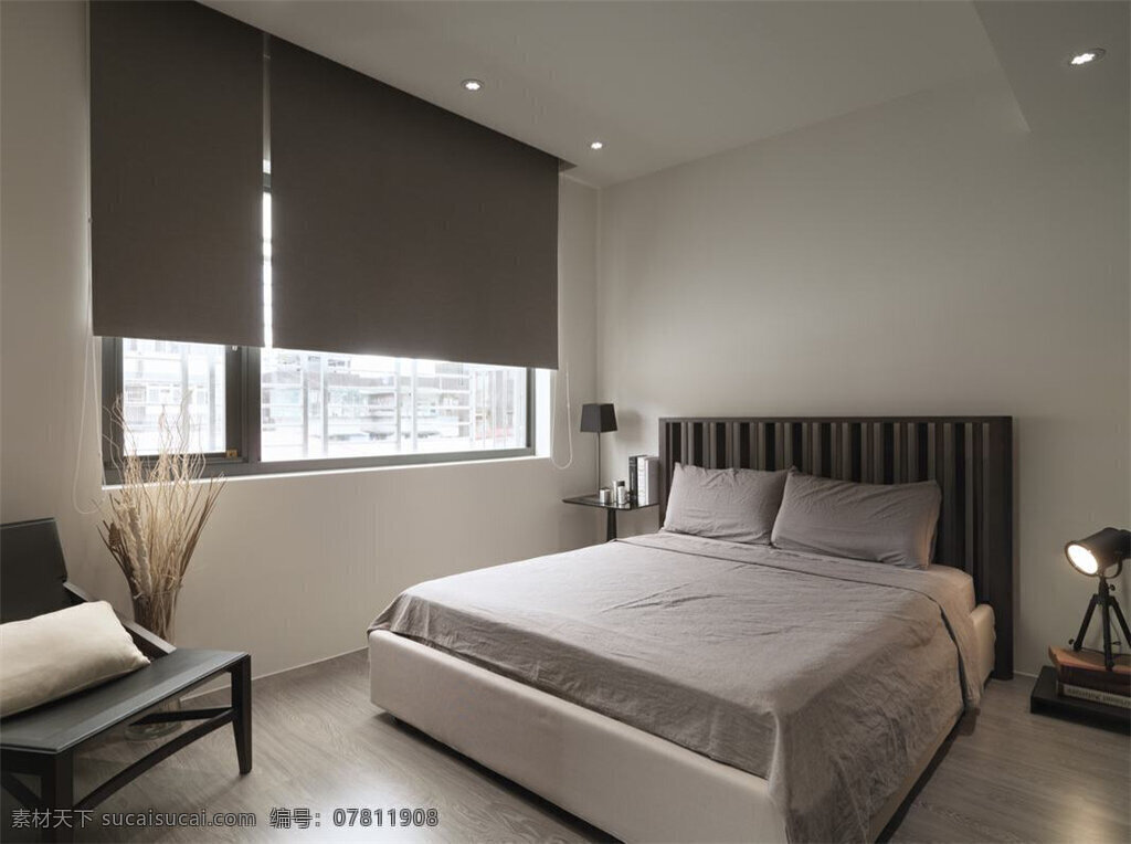 现代 时尚 卧室 褐色 百叶窗 室内装修 效果图 白色背景墙 瓷砖地板 卧室装修 褐色床头