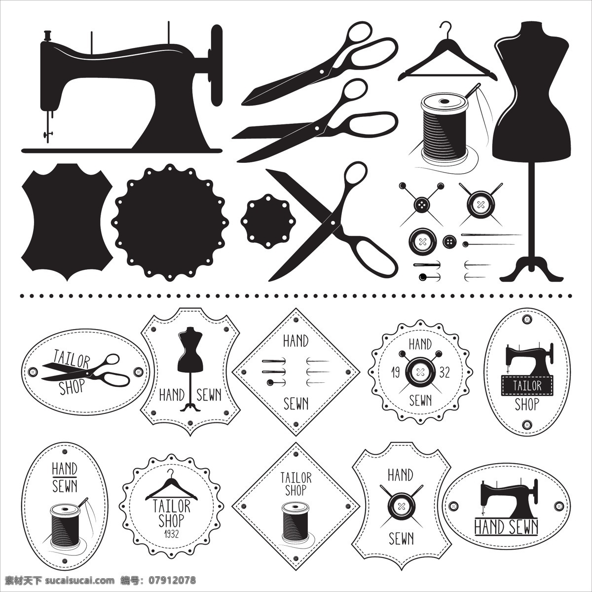 裁缝元素 标签 剪影 剪刀 缝纫 机器 裁缝 人体模型 设置