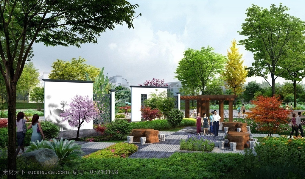 村庄 中心 公园 效果 草地 绿树 效果图 景观设计 环境设计