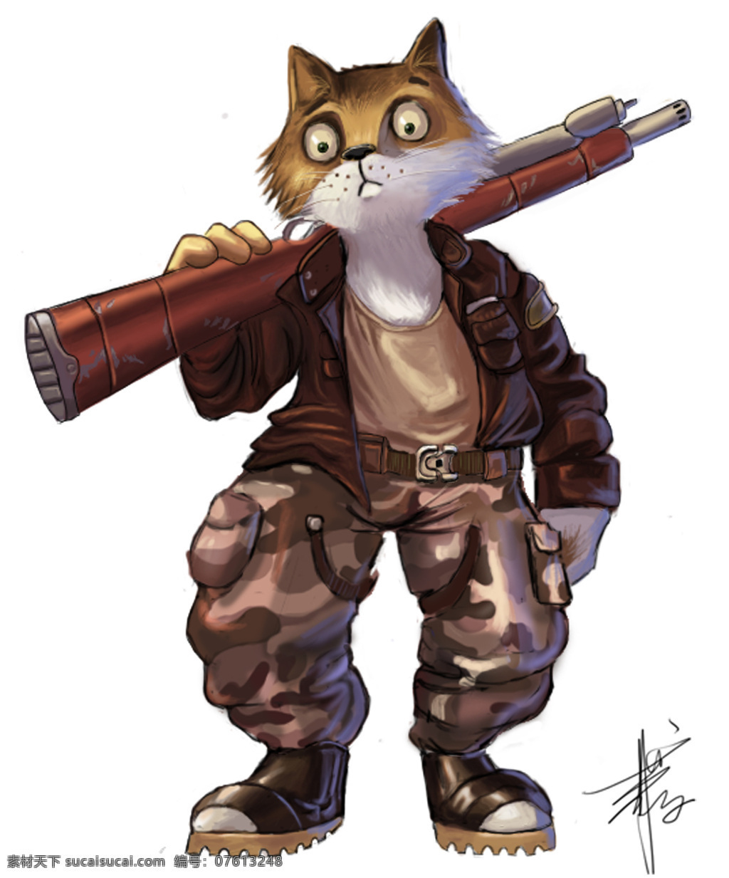 cg插画 猫战士 军装 小猫 扛枪 动漫人物 动漫动画