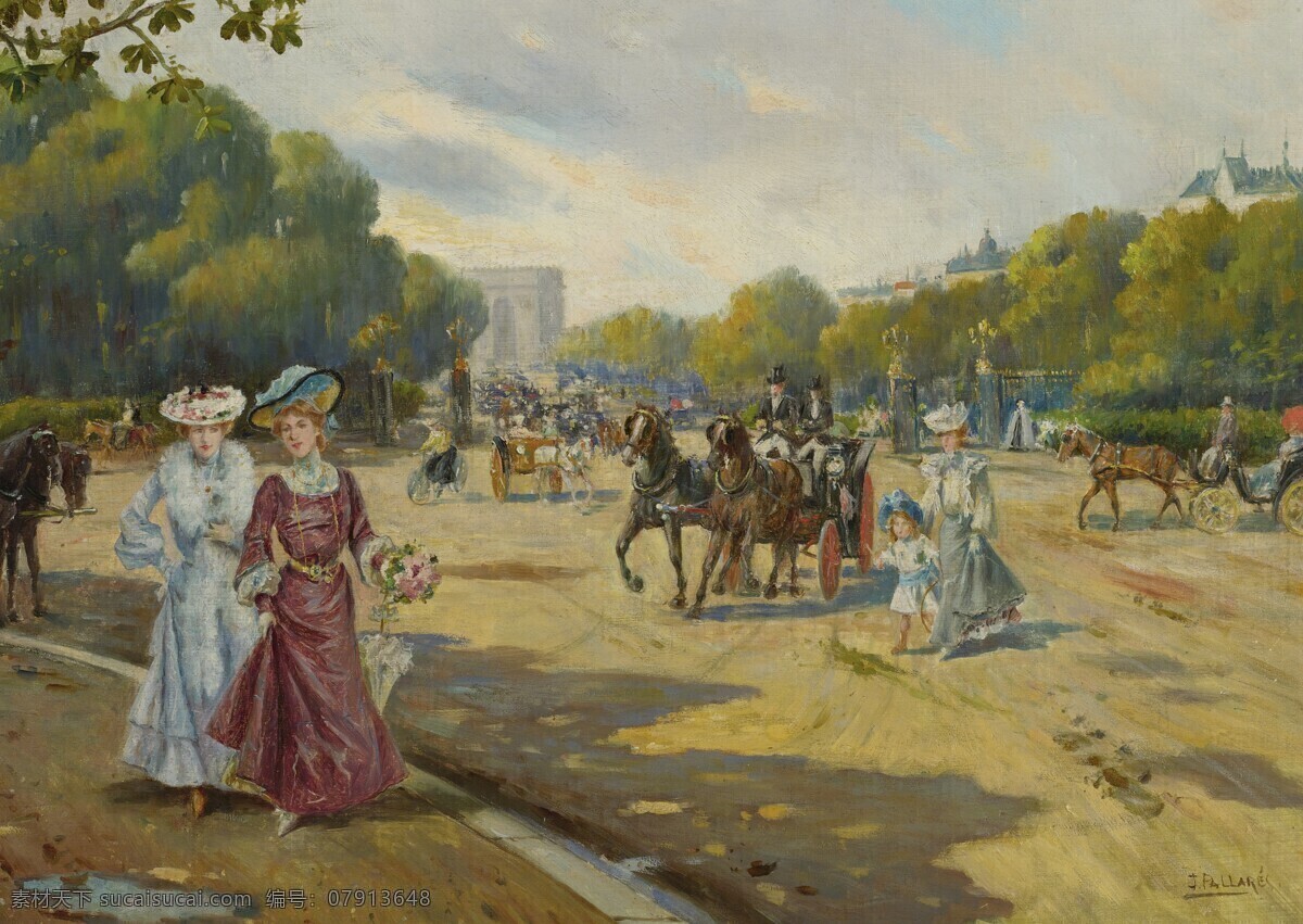 法国油画 贵妇 绘画书法 马车 文化艺术 小孩子 油画 凡 多芬 布洛涅 森林 19世纪末期 花园广场 家居装饰素材