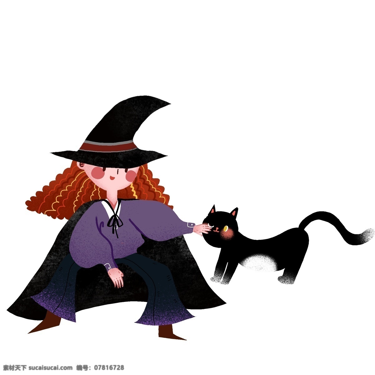 彩绘 女巫 黑猫 创意 卡通 万圣节 插画