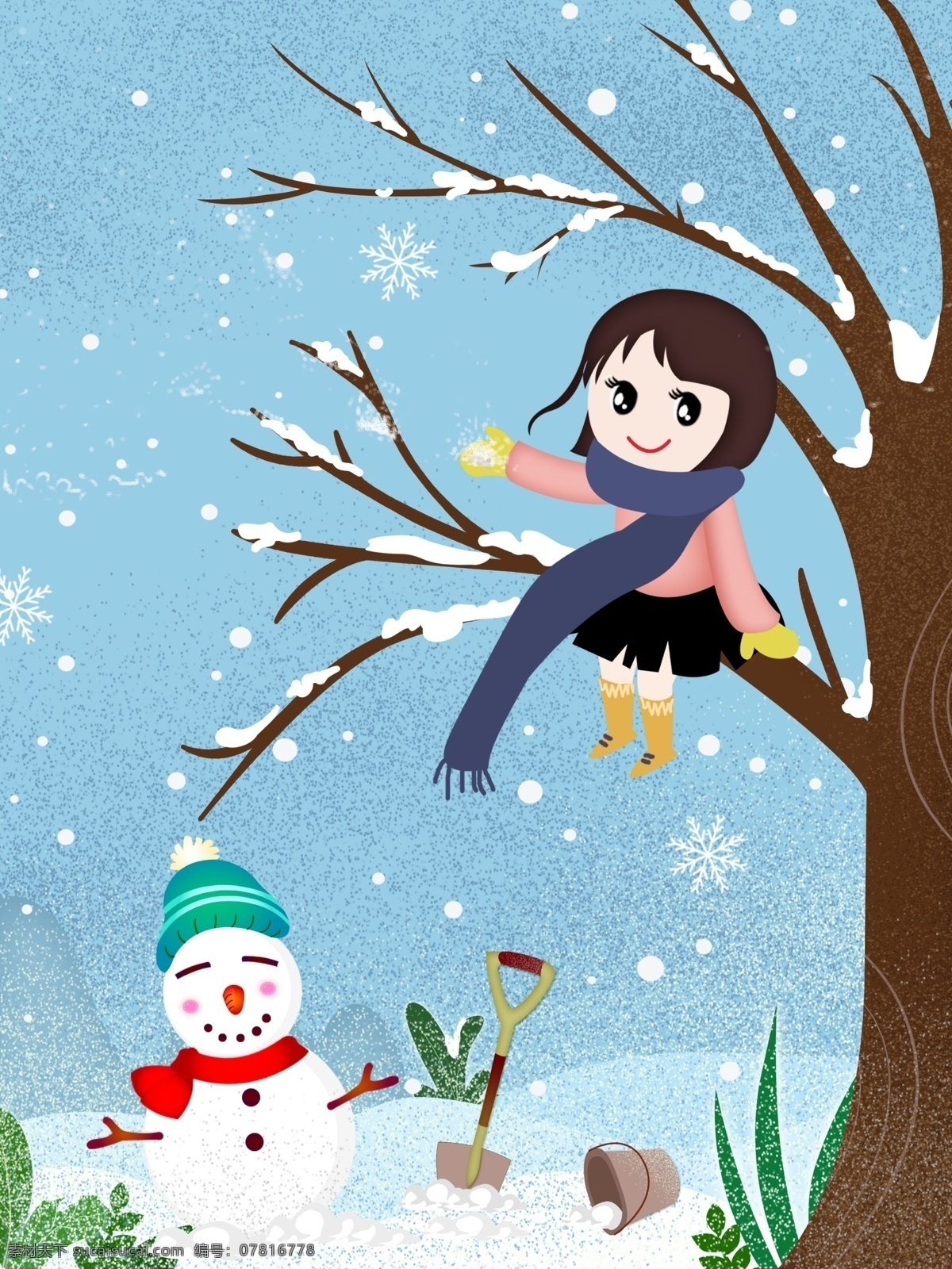 手绘 卡通 冬日 雪景 背景 雪花 冬天 冬季 背景素材 女孩 坐在 树枝 上 冬天快乐 雪人 冬天早晨 广告背景素材