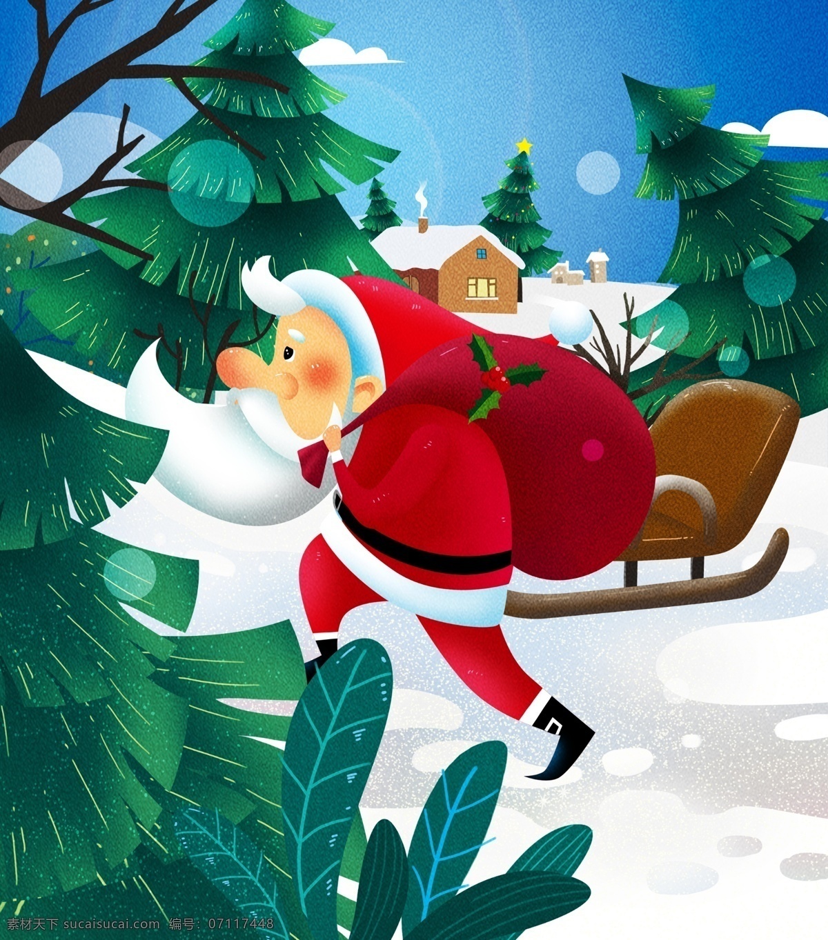 圣诞节 圣诞树 雪橇 原创 手绘 psd格式 卡通 清新 插画 雪地 冬天 草树 高清图