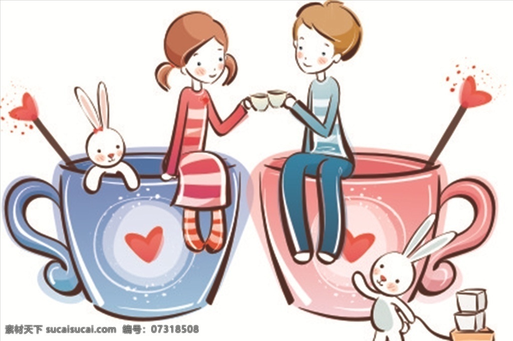 卡通 情侣 爱情 杯 爱情杯 粉色 兔子 矢量图系列