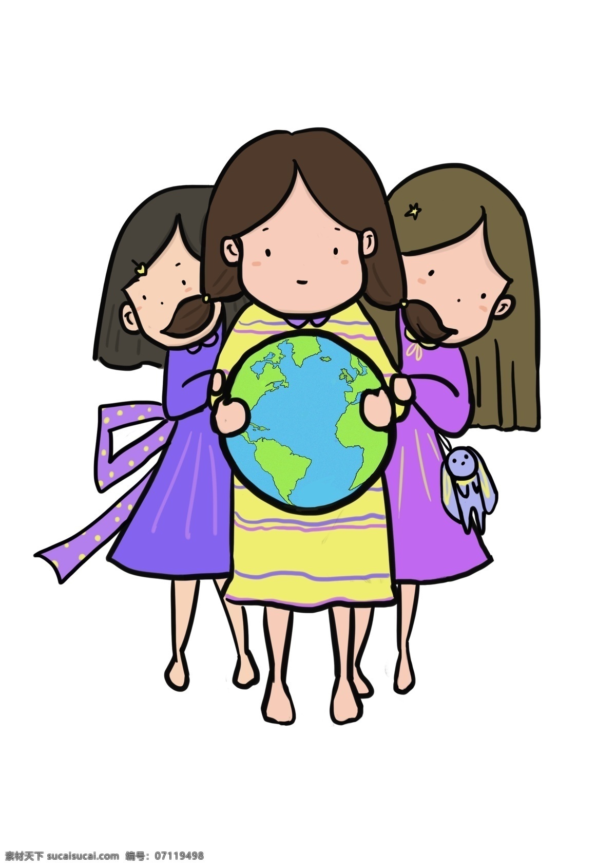 怀抱 地球 三个 小女孩 怀抱地球 世界地球日 三个女孩 卡通手绘 环保 地球日