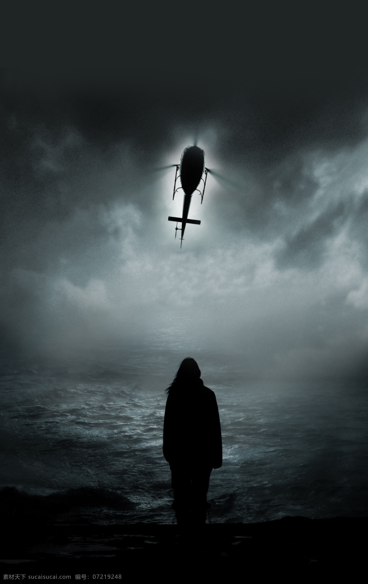 背景 黑夜 海水 直升机 黑影 晚上 月亮 乌云 国外素材 分层 源文件