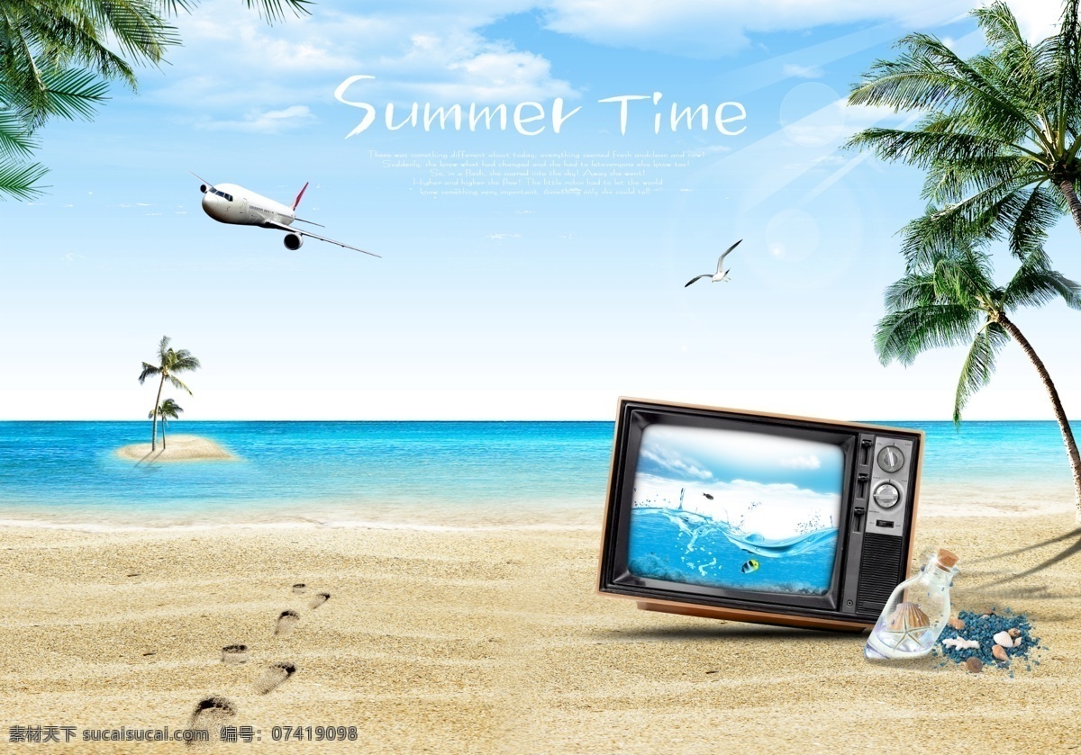 海滩 上 电视机 夏日海滩风景 夏日背景 夏天背景 夏季背景 沙滩背景 广告设计模板 psd素材 白色