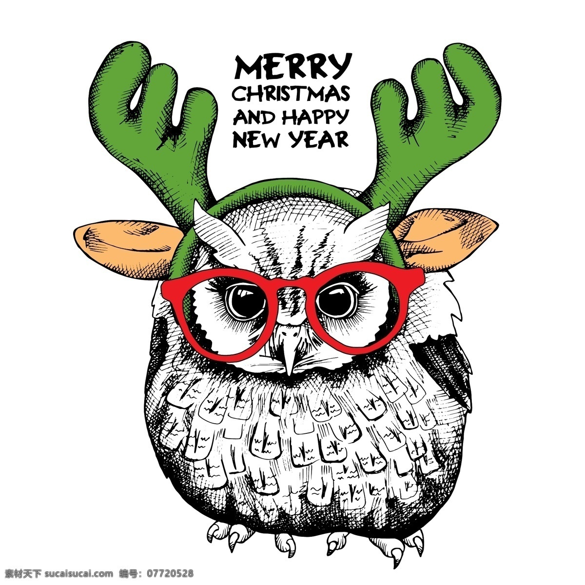 趣味 可爱 猫头鹰 插画 圣诞 眼镜