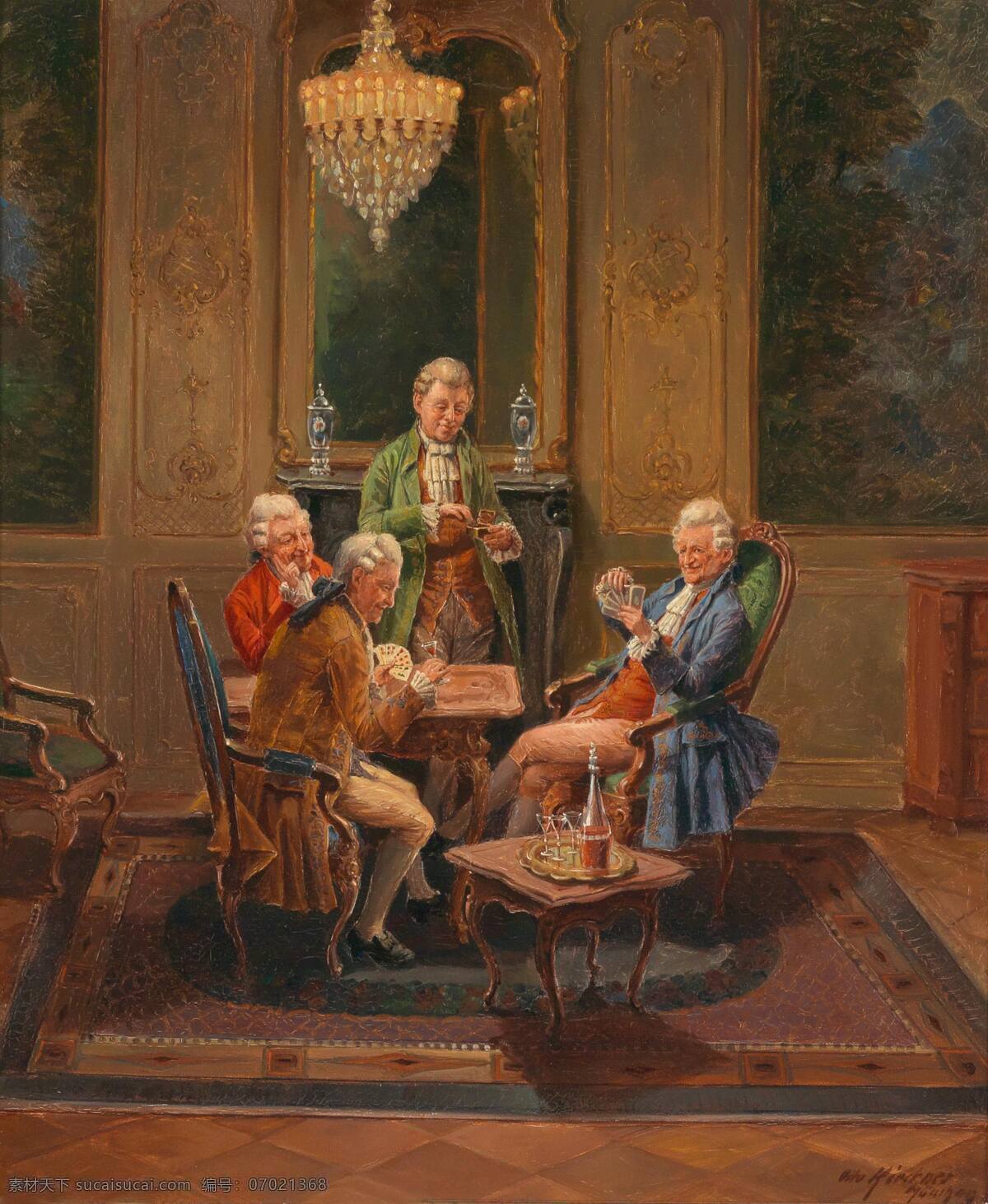 纸牌游戏 贵族之家 四位老绅士 镜子前 桌子 古典油画 油画 绘画书法 文化艺术