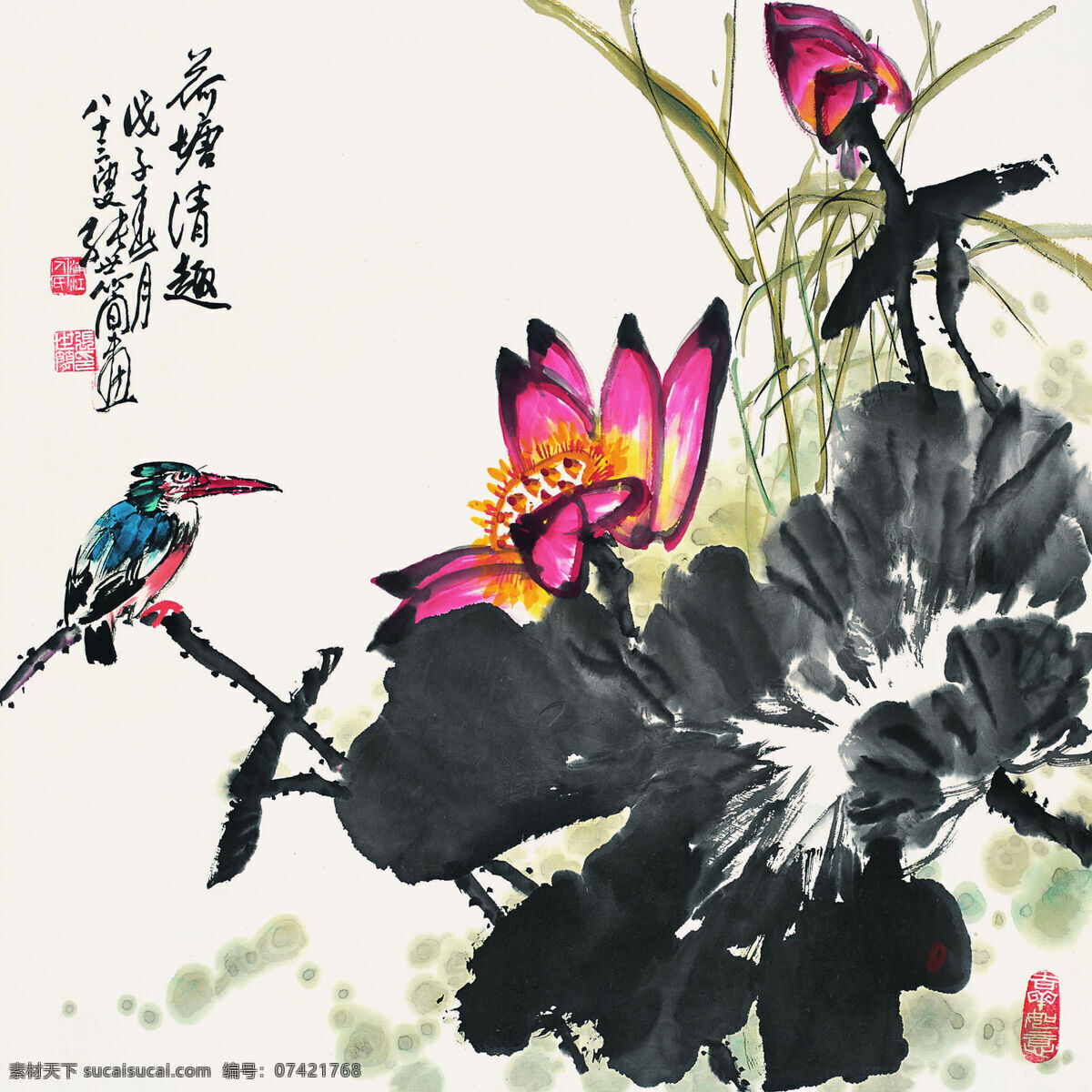 荷塘 清趣 刺绣 中国画 镜心 写意花鸟画 墨荷 翠鸟 张世简作品 工艺美术 平面广告 装饰设计 家居装饰素材 室内装饰用图