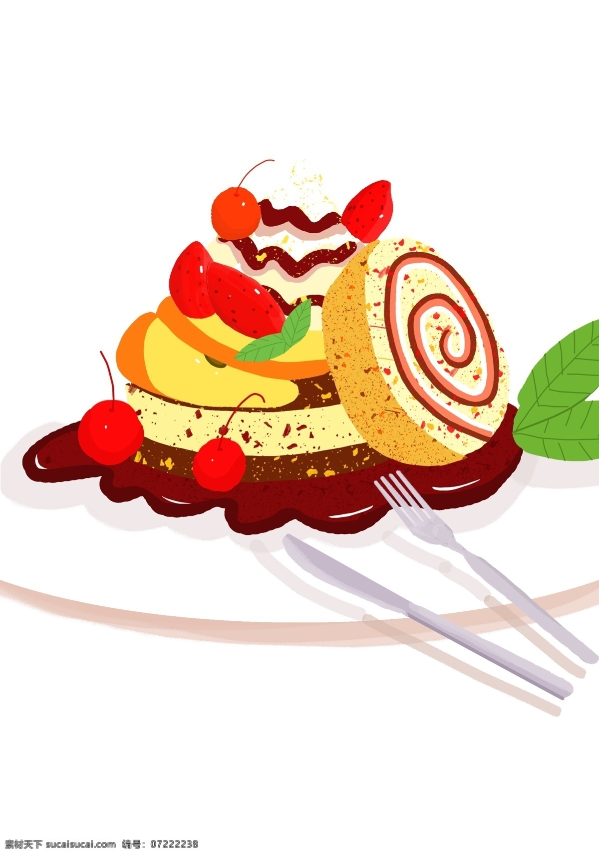 手绘 清香 包卷 装饰 元素 食物 美食 刀叉 草莓 面包 白色盘子 装饰元素 面点