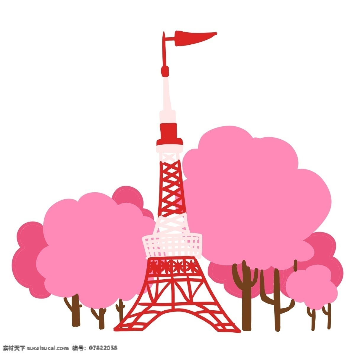 日本 樱花 装饰 插画 日本樱花 粉色的樱花 漂亮的樱花 创意樱花 立体樱花 红色的建筑 卡通樱花