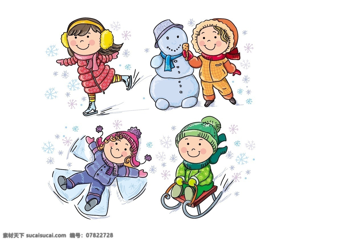 卡通 动物 儿童 玩耍 矢量 卡通儿童 围巾 帽子 矢量素材 堆雪人