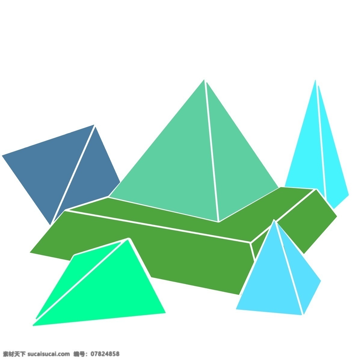 三角 蓝绿色 立体几何 卡通插画 手绘立体几何 创意的形状 蓝色的三角体 绿色的三角体 漂亮的三角体