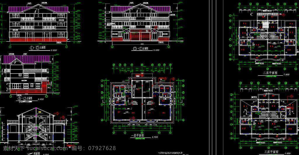 cad 别墅 公馆 环境设计 建筑设计 立面图 平面图 剖面图 施工图 室内设计 三 层 双拼 a dwg 图纸 装修 装饰 私宅 别业 别墅图纸大全 源文件 cad素材 室内图纸