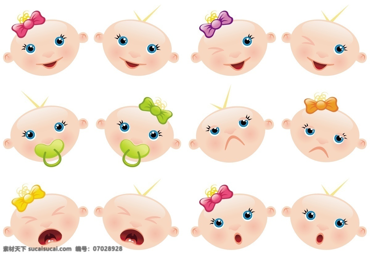 可爱 宝宝 头像 矢量 阿凡达 材料 卡通 可爱的 哭泣 婴儿 一个奶嘴 表达 头状花序的 微笑的脸 矢量图 其他矢量图