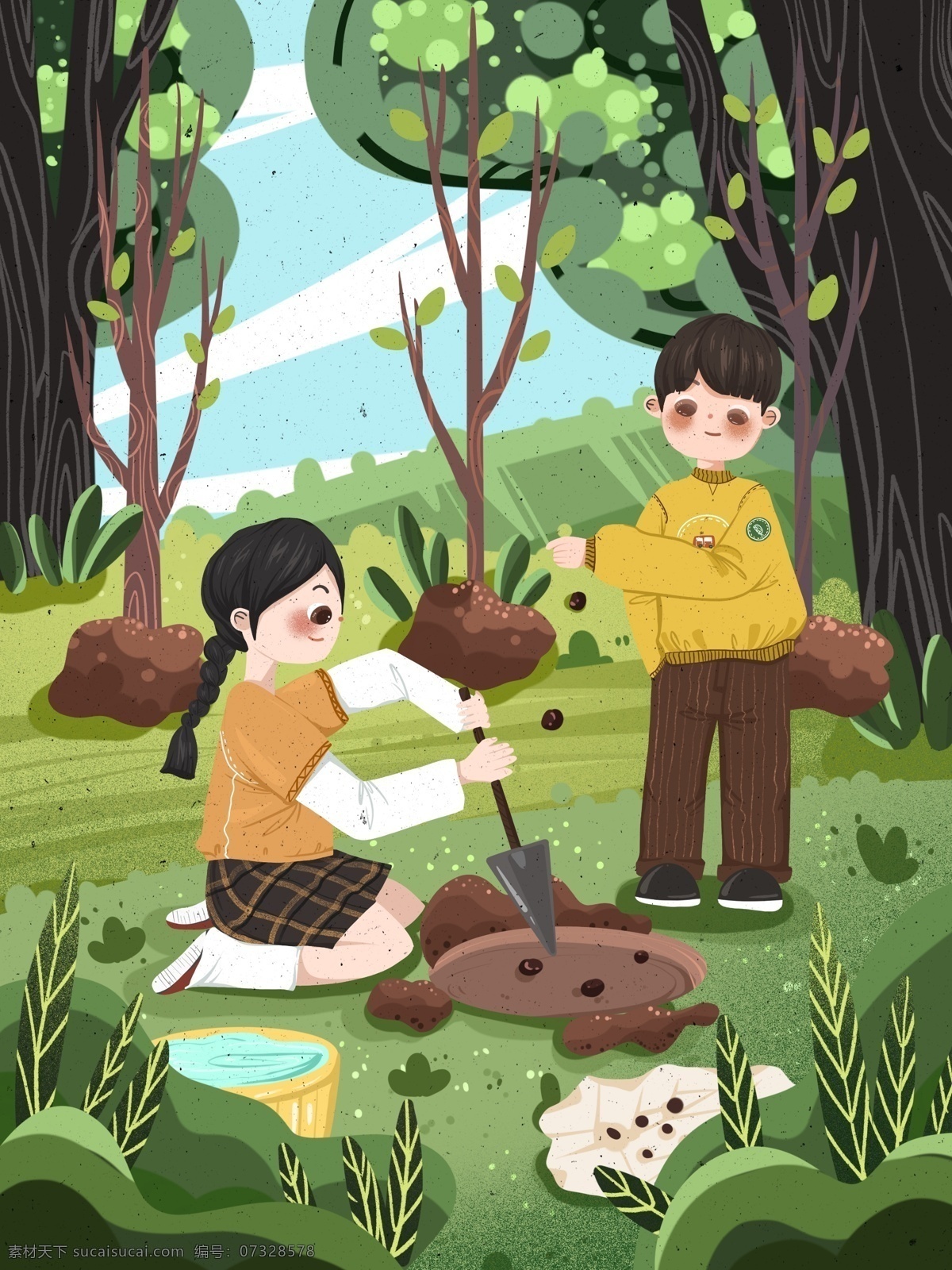 植树节 小朋友 种树 温馨 可爱 插画 绿色 树苗 儿童 场景插画