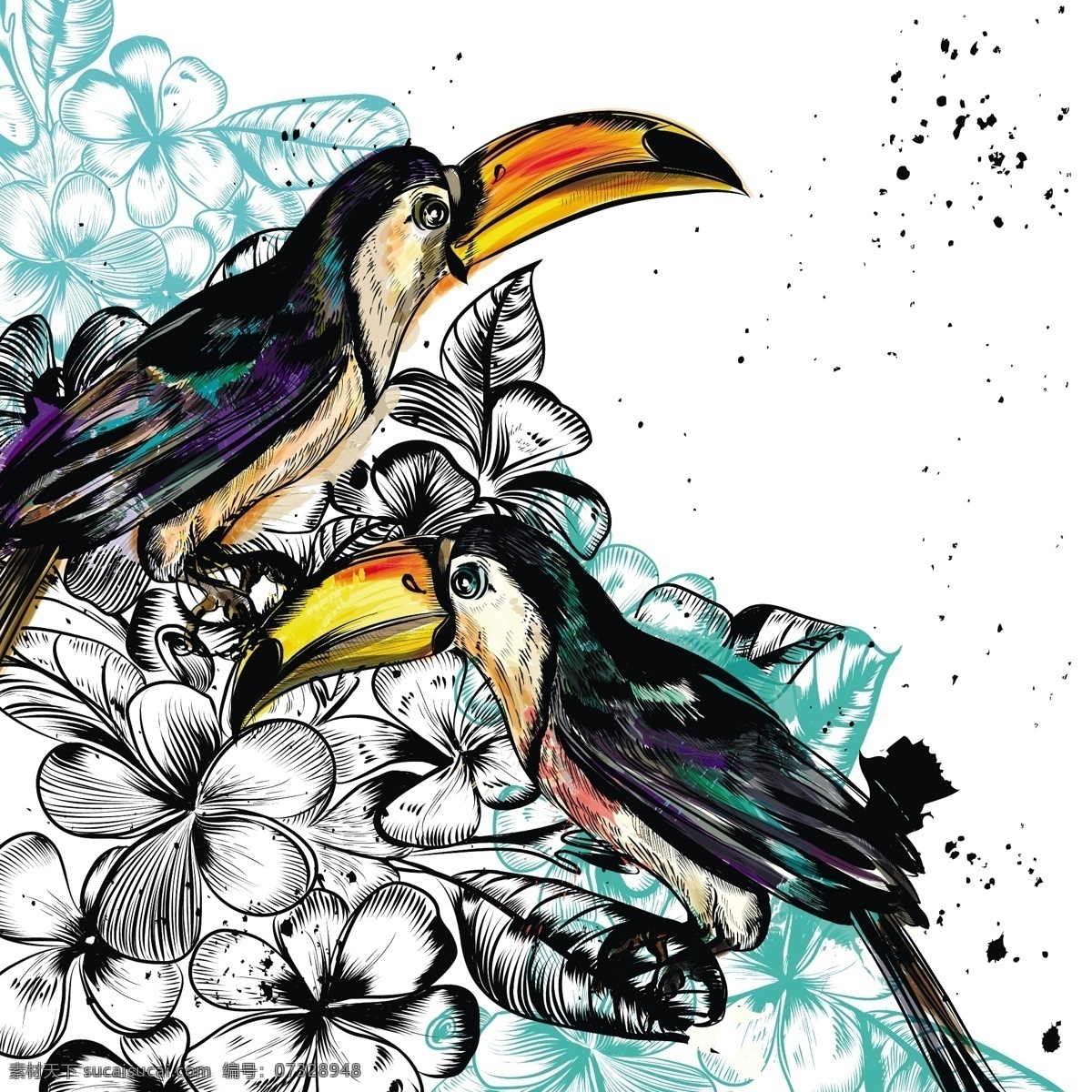 手绘 巨 嘴 鸟 背景 花卉 水彩 手 自然 动物 油漆 水彩花卉 壁纸 颜色 五颜六色 鸟类 花卉背景 自然背景