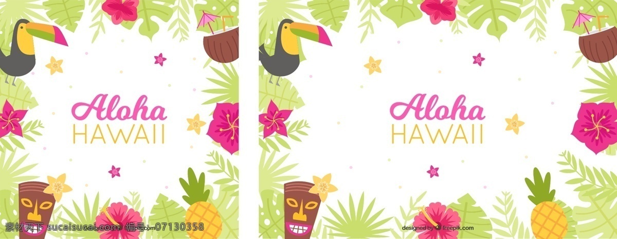 平面设计 多彩 夏威夷 aloha 背景 花卉 夏季 花卉背景 树叶 五颜六色 热带 平坦 丰富多彩 鸡尾酒 菠萝 季节 热带花卉