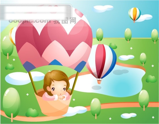 韩国 矢量 儿童 插画 气球 树 小女孩 　 白云 小河 矢量图 矢量人物