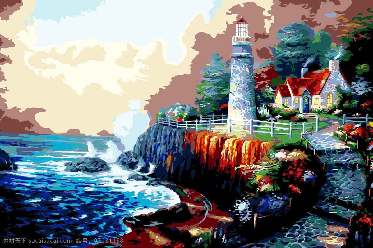 海边风景 美术 油画 数字油画 风景画 海景 海岸 别墅 灯塔 树木 花木 油画艺术 绘画书法 文化艺术