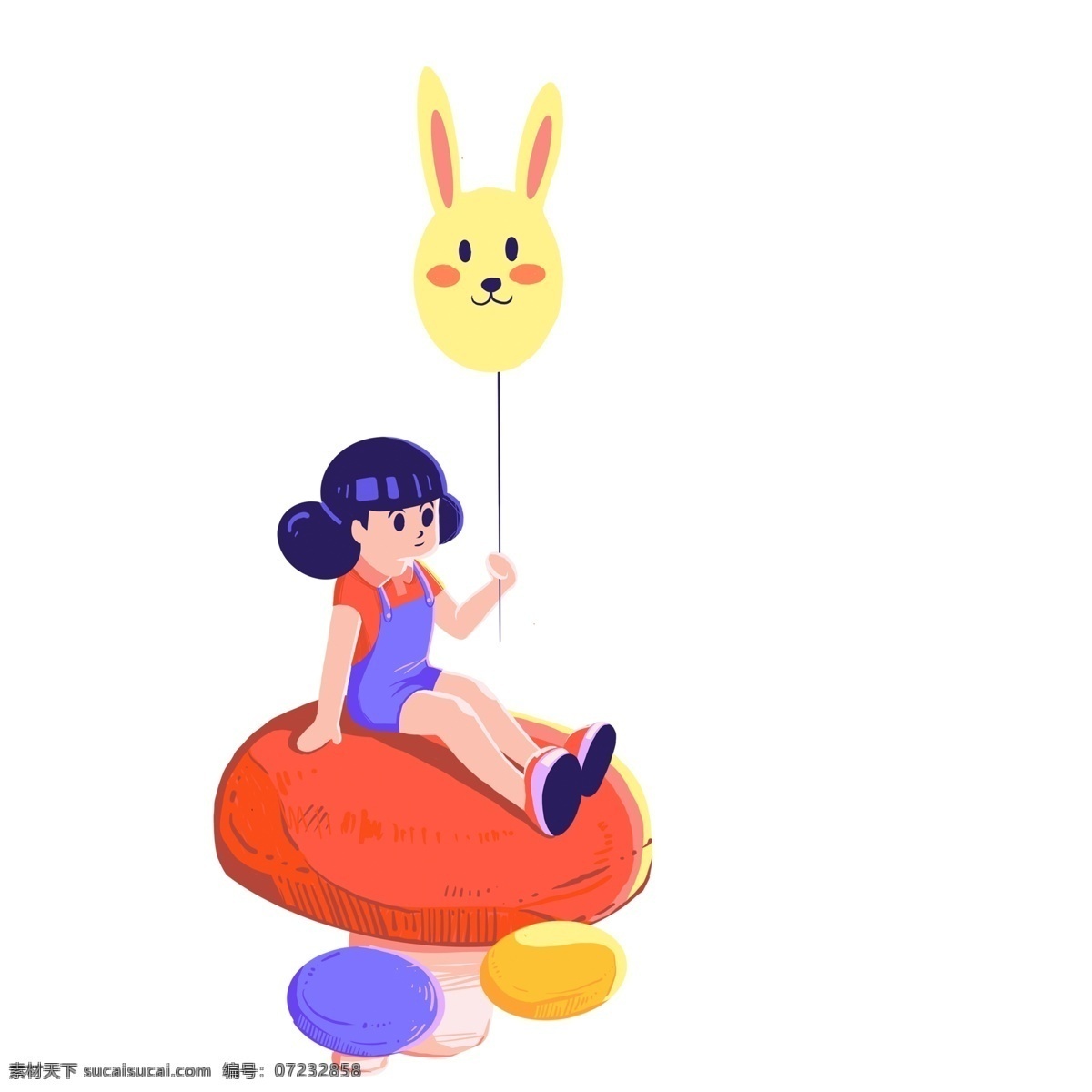 彩色 卡通 可爱 坐在 蘑菇 上 女孩 儿童 创意 童话风 气球