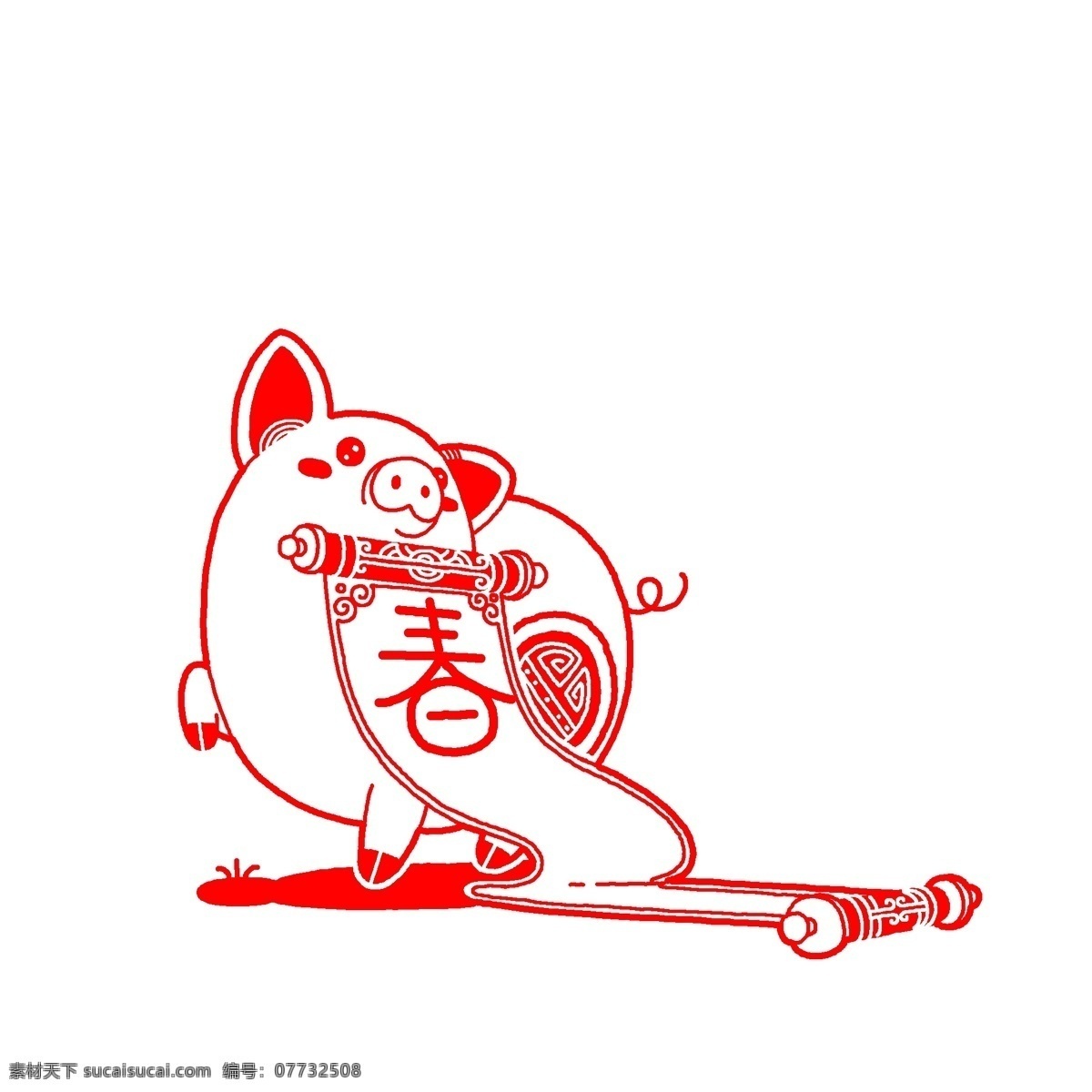 新年 猪 手绘 剪纸 插画 卷轴 春节 猪剪纸 红色 红色剪纸 中国风剪纸 艺术剪纸 新年剪纸 新春剪纸插画 红色剪纸插画