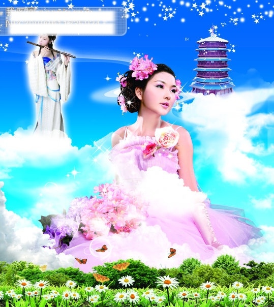 分层 文件 源文件 psd源文件 白云 背景 底图 风景 花 花朵 景色 梦幻 梦幻美景 美女 女性 人物 仙女 塔 天空 蓝天 云