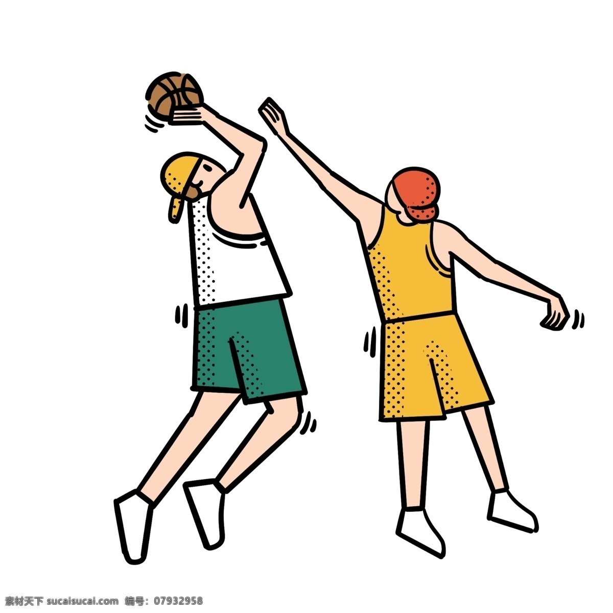 卡通 矢量 免 抠 扁平 可爱 篮球 男生 免抠 打篮球 黄色 绿色 篮球衣 运动 快乐 开心 投篮 阳光 活力 兄弟 帽子