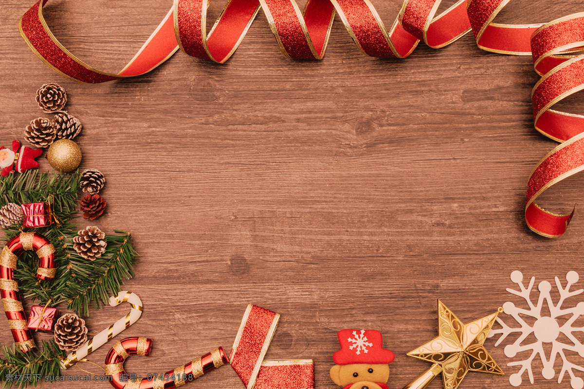 圣诞 可爱 小 物件 木纹 背景 丝带 拐杖 雪花 星星 背景素材 填充背景