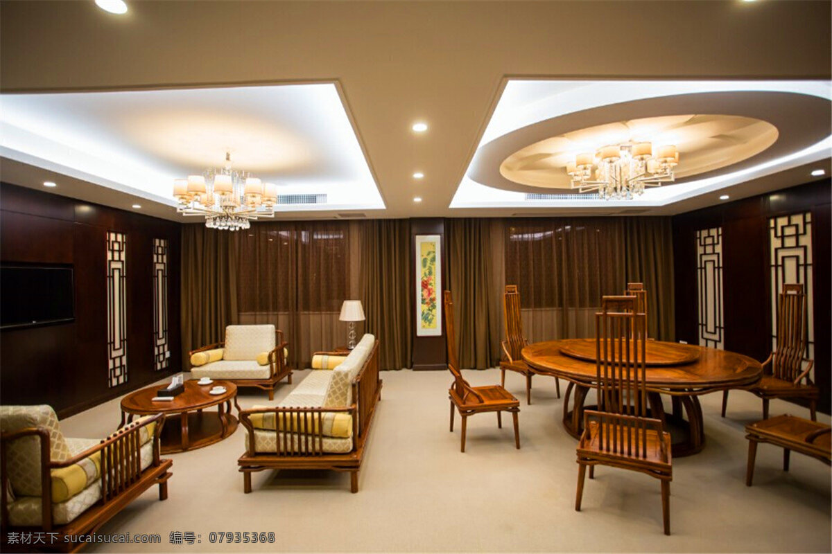 长方形茶几 方形吊顶 个性吊灯 灰色地板砖 灰色沙发 客厅 圆形餐桌 简约 灰色 墙壁 工装 效果图