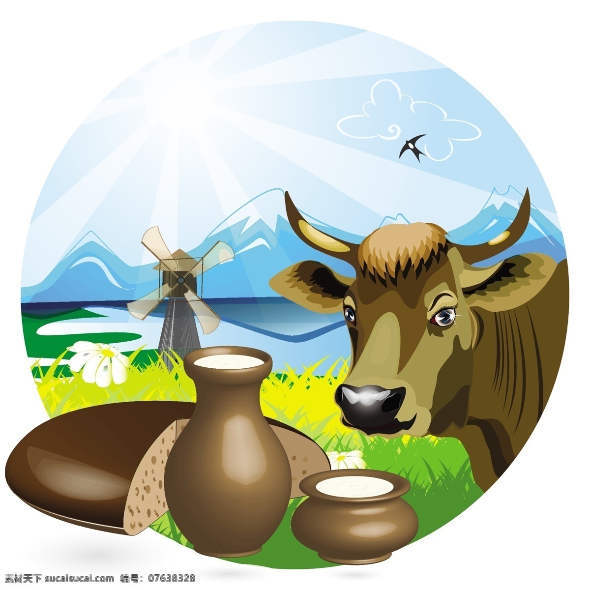 牛奶 主题 矢量 风车 健康 面包 牛头 小麦 雪山 燕子 郊区 矢量图 日常生活