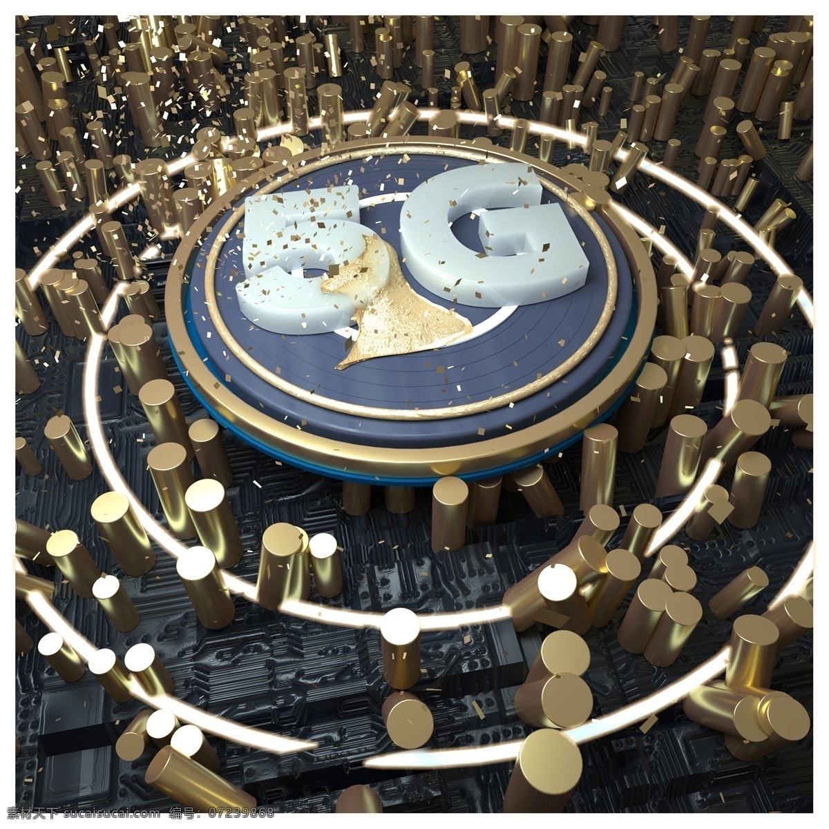 c4d 立体 金色 5g 科技 时代 c4d制作 5g科技 光感通透 海报装饰 科技背景 大场景 大气 圆形