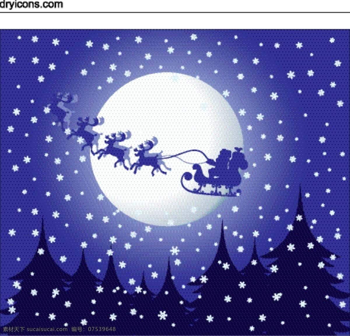 圣诞 夜 蓝色 圣诞老人 圣诞夜 雪夜 驯鹿 月圆之夜 矢量图 其他矢量图