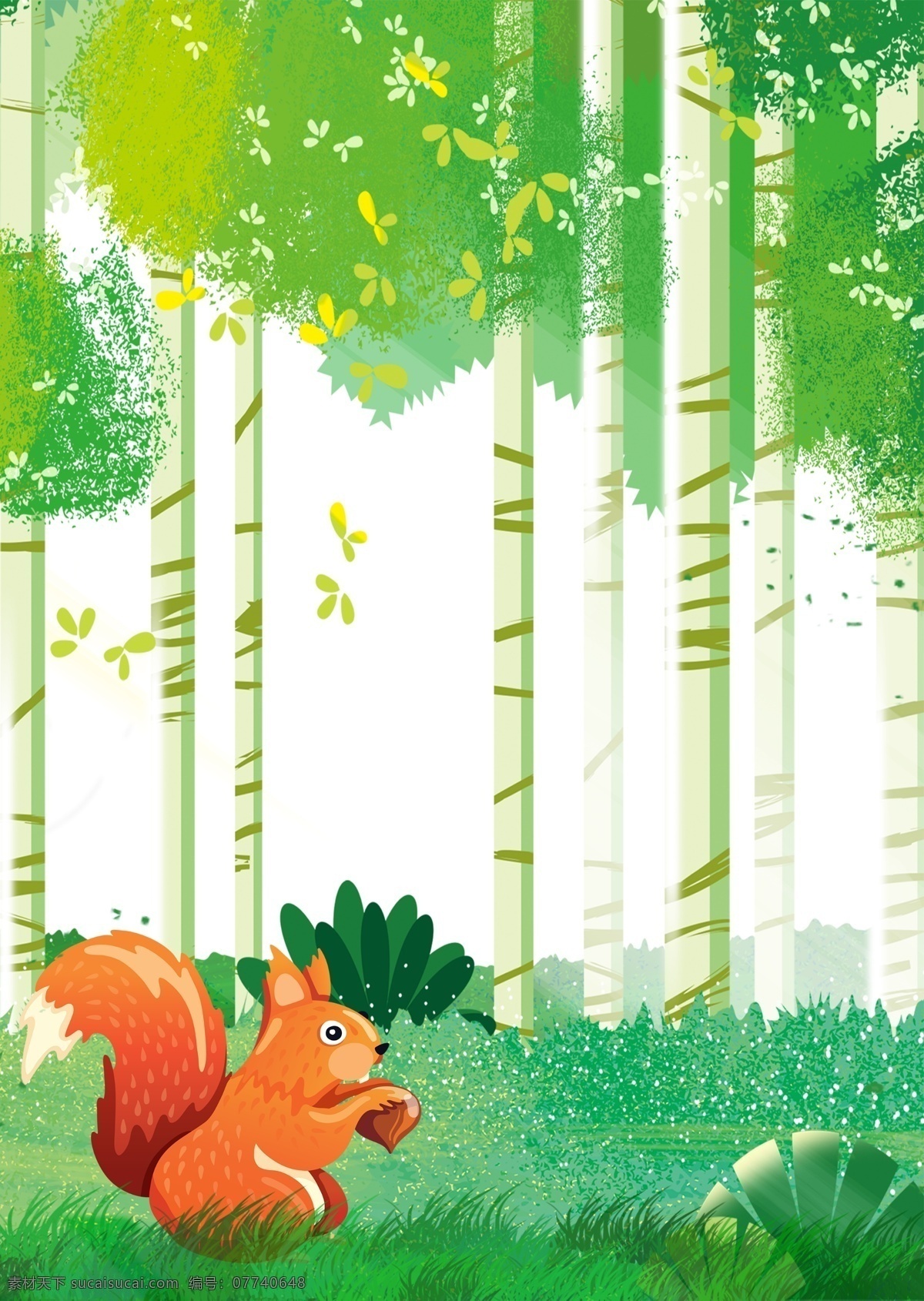 森林 插画 海报 背景 草地 清新 绿色 梦幻 植物 动物 淘宝 树林 树丛 美丽 星空 梅花鹿 松鼠 兔子 狐狸