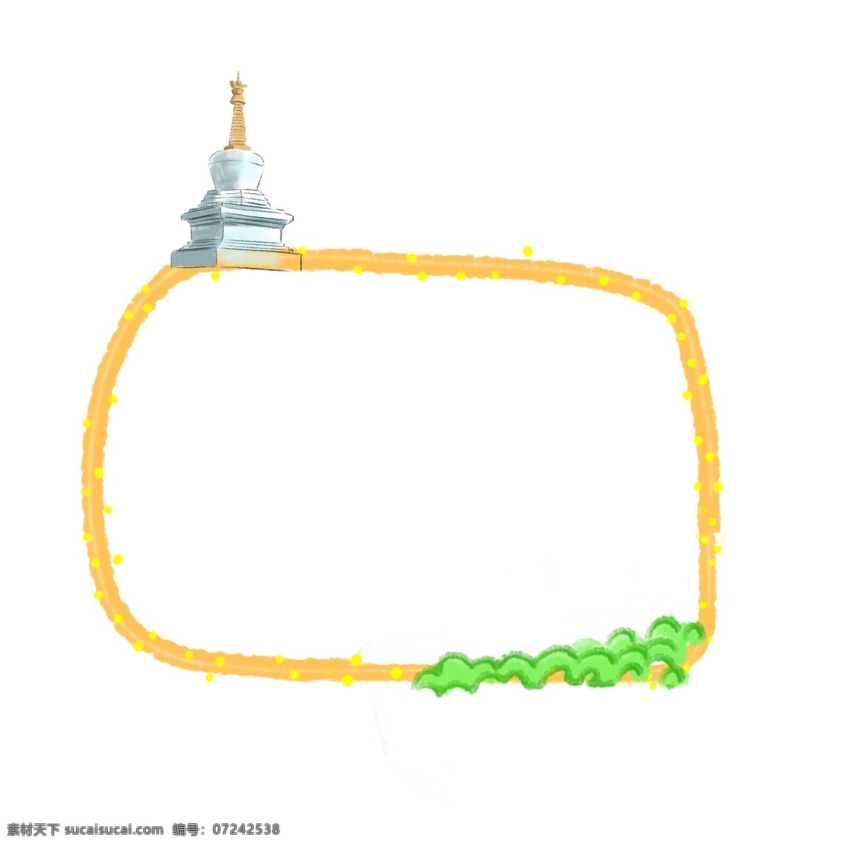旅游景点 建筑 小 框 插画 旅游景点小框 建筑小框插画 手绘建筑 黄色边框 绿色的植物 手绘边框 卡通边框